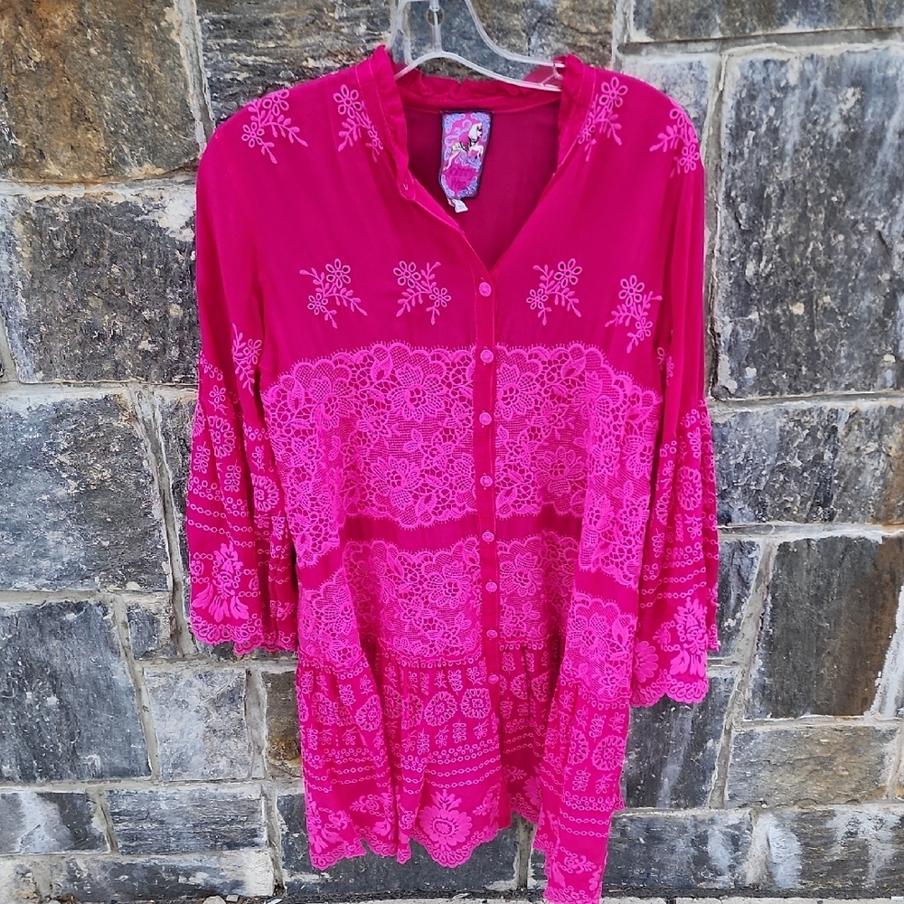 Johnny Was Lace Valeria Embroidered Button-Front Dress Medium